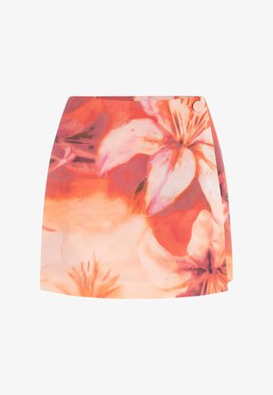 Gonna corta a portafoglio floreale con grandi pattern di gigli arancioni e rosa e chiusura laterale con bottoni.