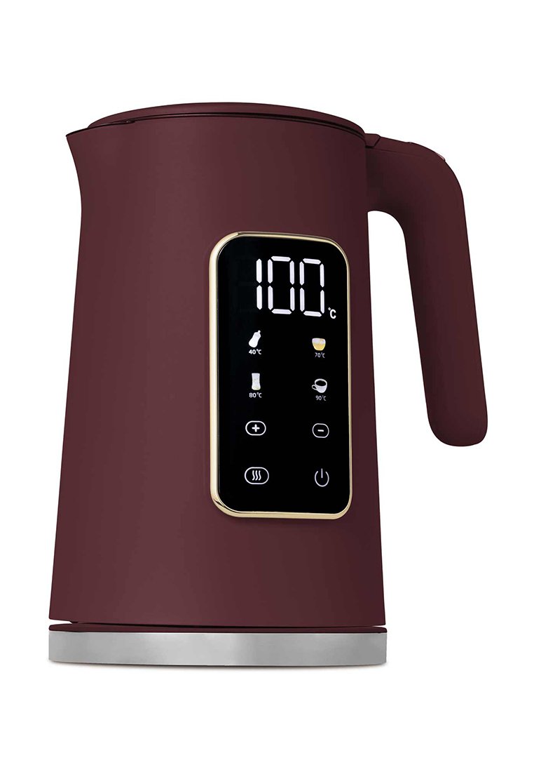 Elektrischer Wasserkocher mit burgunderfarbener Mattoberfläche, metallischem Fuß und digitalem Display. Verfügt über Temperatureinstellungen und einen eleganten, ergonomischen Griff.