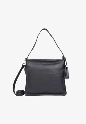 Borsa a spalla in pelle nera con un design minimalista, dotata di una tracolla removibile e un accento a nappina. Texture liscia, forma rettangolare.
