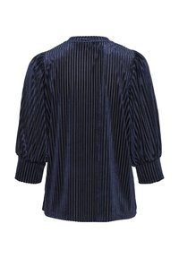 Top blu navy con maniche a sbuffo realizzato in tessuto testurizzato con righe verticali, dotato di scollatura tonda e maniche arricciate.