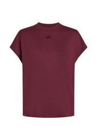 Bordeauxrotes T-Shirt mit kurzen Ärmeln und hohem Ausschnitt, aus weichem Stoff gefertigt. Verfügt über ein gesticktes schwarzes Logo auf der Brust. Reguläre Passform.