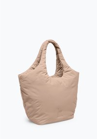 Borsa tote in morbido beige, caratterizzata da un design spazioso, una texture liscia e manici larghi per un trasporto confortevole.