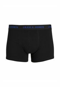 Melnu vīriešu bokseršortus ar zilu "JACK & JONES" jostu, ar priekšējo šuvi, kas nodrošina piemērotību un atbalstu.