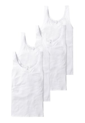 Vier witte tanktops van katoen met een ronde hals. Elke top heeft kantafwerking langs de halslijn. Klassiek, getailleerd ontwerp.