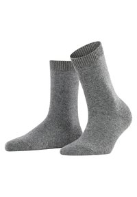 Calze di cotone grigie con polsini a coste, spessore medio e punta senza cuciture. Progettate per comfort e calore, con una texture sottile.