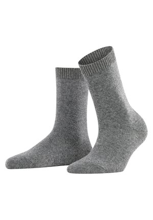 Calze di cotone grigie con polsini a coste, spessore medio e punta senza cuciture. Progettate per comfort e calore, con una texture sottile.