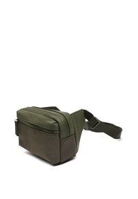 Borsa a tracolla verde in nylon con una base in tessuto brown testurizzato, dotata di chiusura con zip, tracolla regolabile e due scomparti per lo stoccaggio.