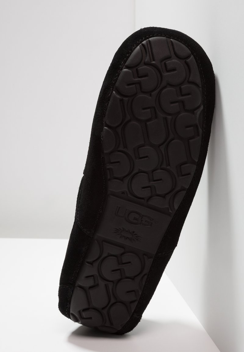 Black suede slipper with a textured rubber sole, featuring a prominent UGG logo and a rounded toe, designed for comfort and indoor use.