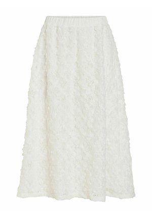 Jupe midi blanche avec tissu à appliqué floral texturé et taille élastique, silhouette trapèze.