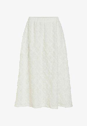 Biela midi sukňa s textúrovanou kvetinovou aplikáciou a elastickým pásom, strih do A.