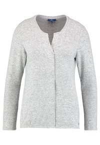 Cárdigan gris claro hecho de un suave tejido de punto, con un cuello redondo, mangas largas y una apertura frontal sin botones.