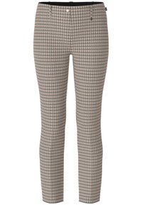 Hosen im Glencheck-Muster, in Beige, Schwarz und Braun. Slim Fit mit Reißverschluss und Knopfverschluss, glatte Textur.
