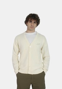 Cardigan di crema chiara in maglia testurizzata, design a scollo a V, cinque bottoni, polsini e orlo a coste, con un sottile dettaglio ricamato.