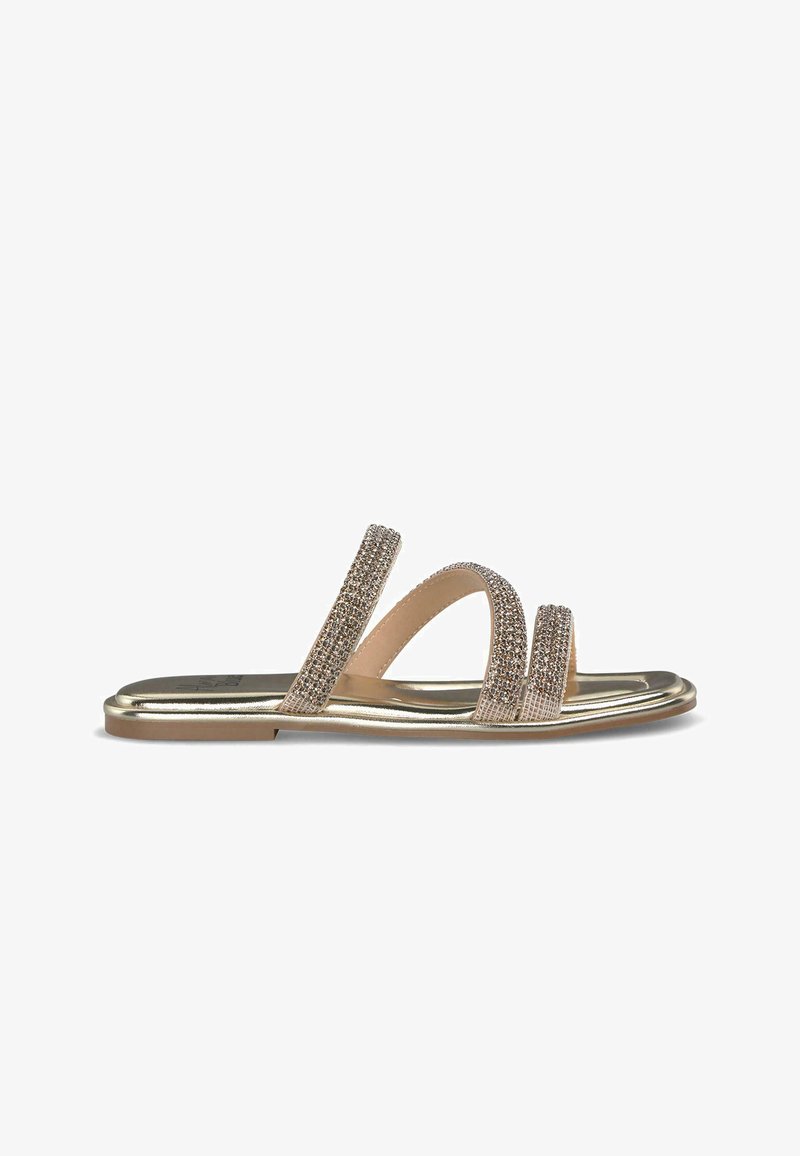 Gold-toned sandal with three embellished straps, featuring a flat sole and a shiny finish. Upper has rhinestone detailing for added texture.