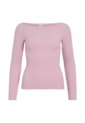 Haut à manches longues côtelé de couleur rose clair, avec un décolleté bateau et une coupe ajustée. Confectionné dans un tissu doux et extensible pour plus de confort.