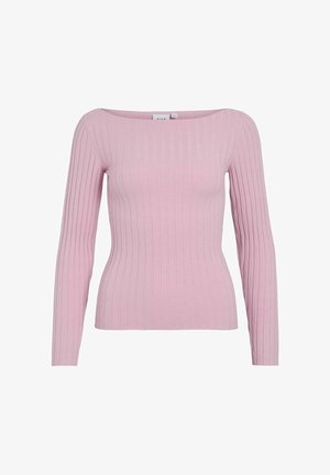 Ribbed long-sleeve top in light pink, featuring a boat neckline and fitted design. Made from soft, stretchy fabric for comfort.