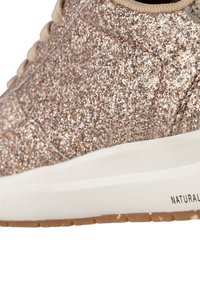 Glittery rose gold sneaker with a textured upper, beige laces, and a white midsole featuring a natural rubber outsole.