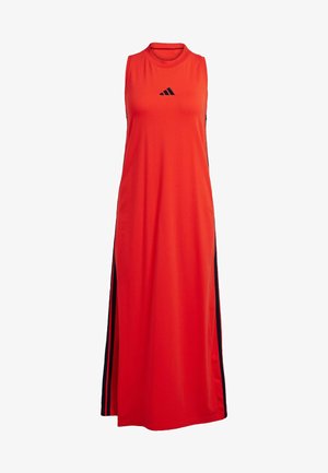 Red sleeveless dress made of soft fabric, featuring black side stripes and a small black logo on the chest. Maxi length with side slits.