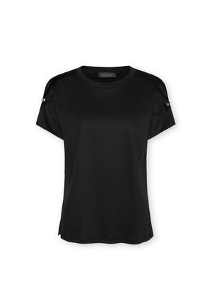 Black short-sleeve blouse with round neck, button details on sleeves, and a straight hem.