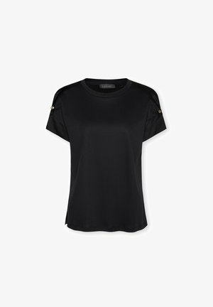 Sort kortærmet bluse med rund hals, knapdetaljer på ærmerne og lige kant.