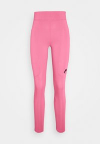 Rosa träningsbyxor med hög midja, slät textur och en svart Nike-logga på höger lår. Har sömdetaljer.