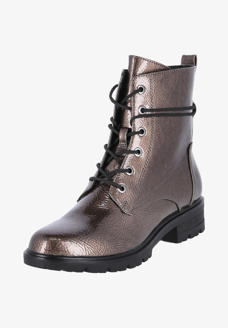 Botte de combat en cuir brun foncé brillant à lacets, surface texturée, semelle noire et languette à l'arrière.