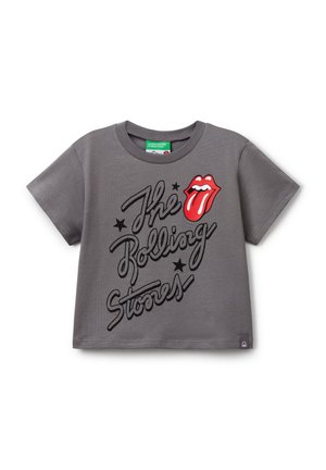 Grijze katoenen t-shirt met zwarte tekst "The Rolling" en "Stones" met een rode tonglogo. Korte mouwen, ronde hals, casual pasvorm.