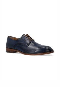 Donkerblauwe leren kleed schoenen met een gladde textuur, ronde neuzen en bruine veters. Heeft een dunne bruine zool en minimale stikdetails.
