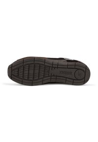 Brown suede slip-on shoe with rubber sole featuring a textured tread pattern and prominent logo. The design is low-profile with no laces.