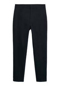 Czarne dopasowane spodnie wykonane z gładkiego materiału, z średnim stanem, prostymi nogawkami i subtelnymi detalami w postaci przeszyć z przodu.