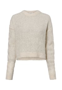 Lys beige avskåret genser laget av fuzzig strikket stoff. Har lange ermer og rund halslinning med en myk tekstur og ribbet kant.