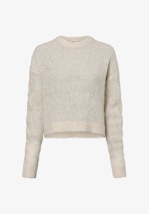 Light beige cropped sweater made of fuzzy knitted fabric. Features long sleeves and a round neckline with a soft texture and ribbed hem.