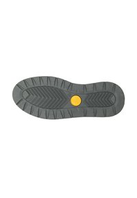 Suola di scarpa in gomma di colore grigio scuro con un motivo testurizzato, dotata di un accento circolare giallo vicino al centro e battistrada angolare per una maggiore aderenza.
