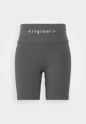 Grå bomulls sykkelshorts med høyt liv som har "Originals" i en dekorativ skrifttype, accentuert med hvite side-striper.
