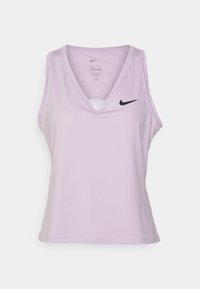 Lilac sleeveless top with a V-neck, made of textured fabric, featuring a central cutout and a small black Nike logo on the front.