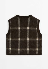 Brown wool blend vest with a checked pattern in cream. Sleeveless design, soft texture, and a rounded neckline. Back view displayed.
