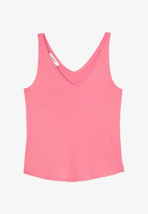 Débardeur rose sans manches avec col en V à double épaisseur, en tissu doux, présenté sur fond blanc.