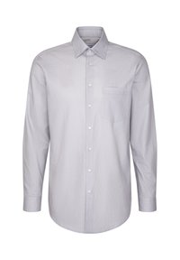 Camicia a maniche lunghe grigia chiara con un motivo sottile, taschino sul petto di dimensioni ridotte, colletto classico e bottoni bianchi. Tessuto dalla texture liscia.