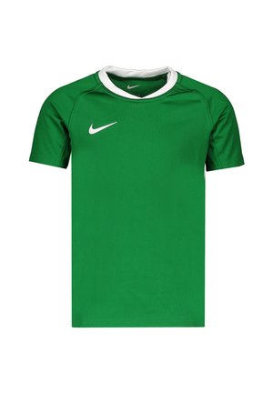 Maglietta sportiva verde a maniche corte con colletto bianco e logo Nike Swoosh bianco sul petto.