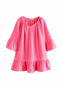 Blusa rosa, de largo hasta la rodilla, con escote en V y mangas anchas de campana. Presenta un dobladillo con volantes y una tela texturizada con costuras decorativas.
