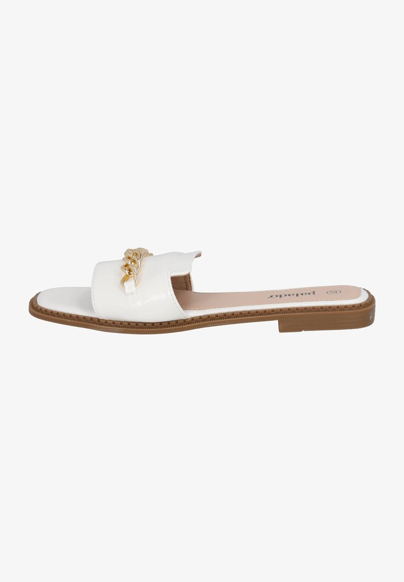 White flat slide sandal with a brown sole and gold chain detail on upper strap, open toe and slip-on design.