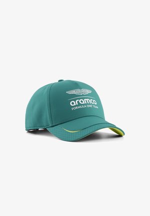 Teal baseball cap with a patterned visor, featuring the "Aston Martin" logo and "aramco Formula One Team" text in white. Soft fabric, adjustable.