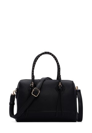 Borsa a mano in pelle nera con finitura testurizzata, manici doppi e tracolla regolabile. Presenta dettagli in nastro e accessori in tonalità oro.