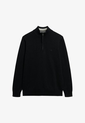Sort pullover sweater med halv-zip krave, lavet af blødt materiale, med et lille logo på brystet og ribbede manchetter.