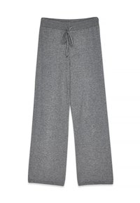 Pantaloni a gamba larga in maglia grigia con vita elastica e coulisse, progettati per un uso casual.