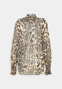 Blusa con stampa animale in tonalità beige, nera e marrone. Tessuto leggero e fluido con colletto arricciato e maniche arricciate.