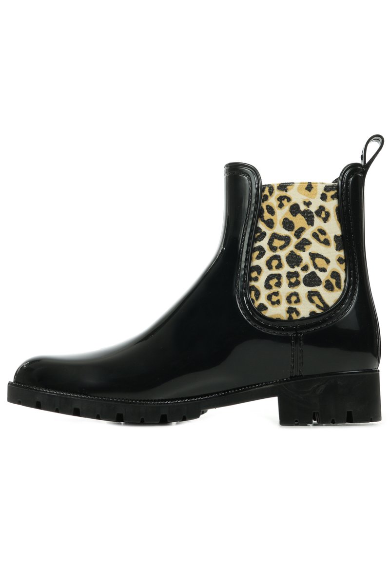 Botas Chelsea negras de goma con un panel lateral elástico de estampado de leopardo y suela texturizada para un mejor agarre. Acabado suave y brillante.
