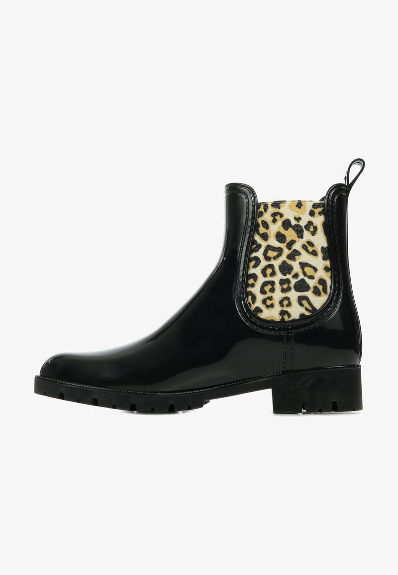Botas Chelsea negras de goma con un panel lateral elástico de estampado de leopardo y suela texturizada para un mejor agarre. Acabado suave y brillante.