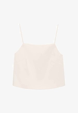 Ljust beige kort tanktop med tunna band, en rak halsringning och två framfickor. Slät textur och minimalistisk design.