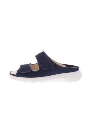 Navy blue open-toe slide sandal with two adjustable velcro straps and a white cushioned sole.